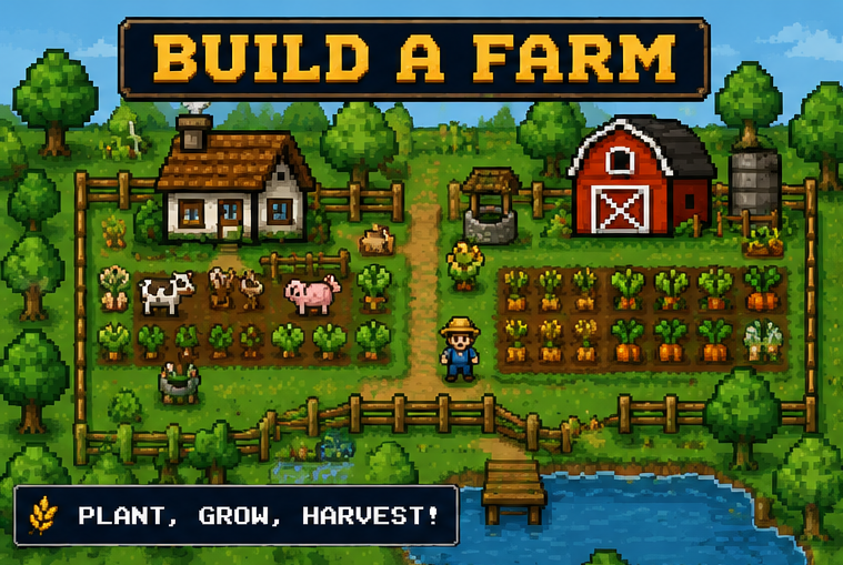 Build a Farm pixel art gameplay scene with house, barn and crops